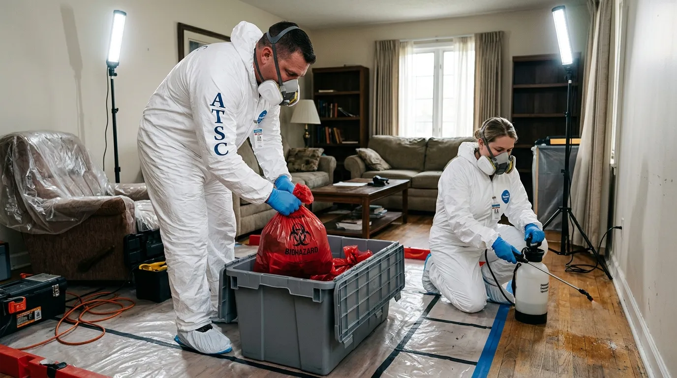 Professional Unattended Death Cleanup technician in full PPE working in West Jordan